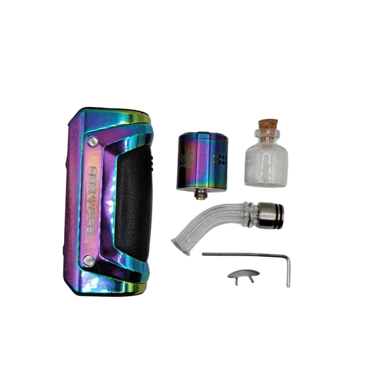 The DMT e-mesh kit, laid out overhead: box mod, RDA, mesh wire, glass drip tip